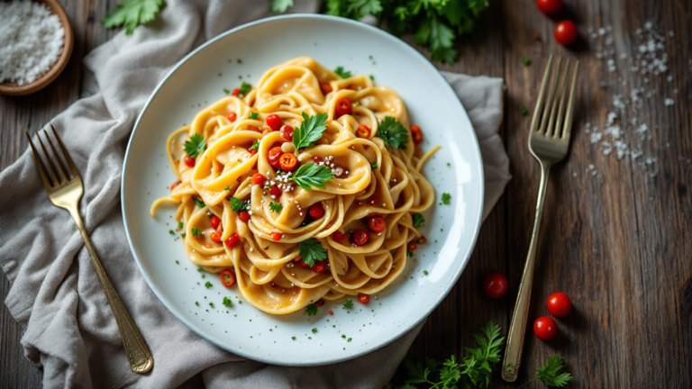 Gebratene asiatische Nudeln mit buntem Gemüse und Ei auf einem Teller, garniert mit Sesam und Koriander